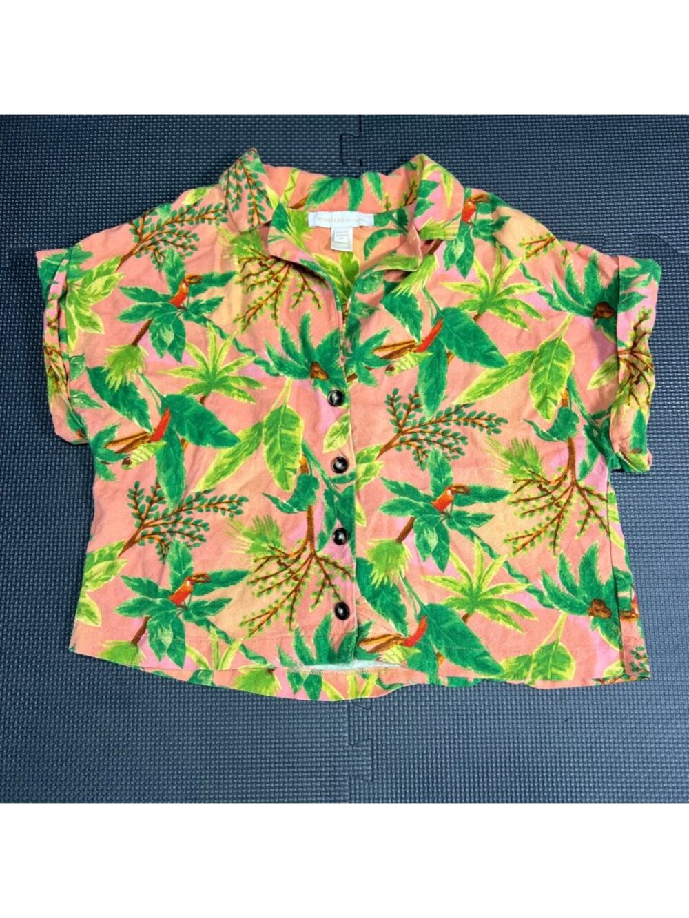 Monteau Womens Tropical Print Button-Up Short Sleeve Blouse Size M Vibrant Palm
